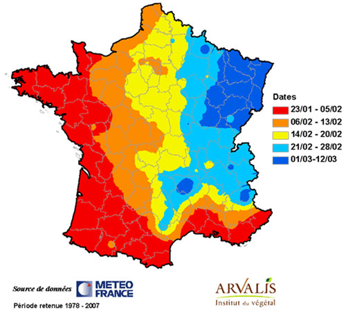 Carte de France du cumul moyen de 200°C en base 0 depuis le premier janvier entre 1978 et 2007